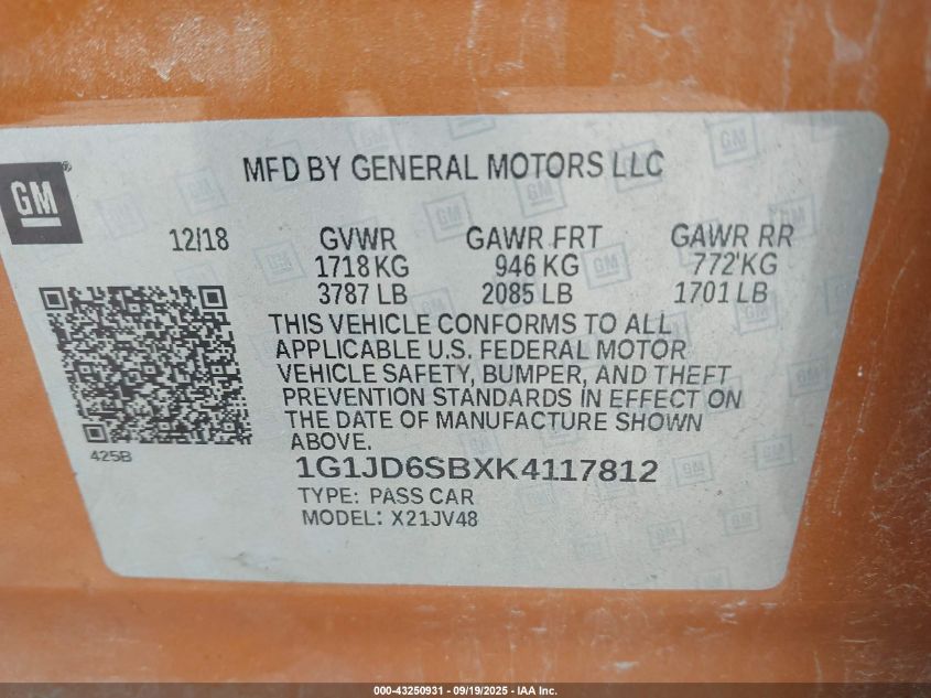 2019 Chevrolet Sonic Lt Auto VIN: 1G1JD6SBXK4117812 Lot: 43250931