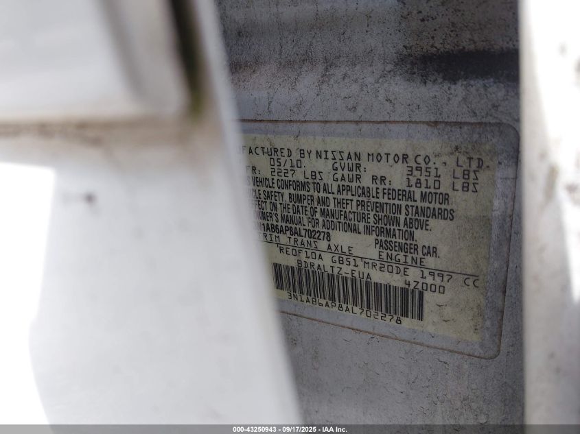 2010 Nissan Sentra 2.0S VIN: 3N1AB6AP8AL702278 Lot: 43250943