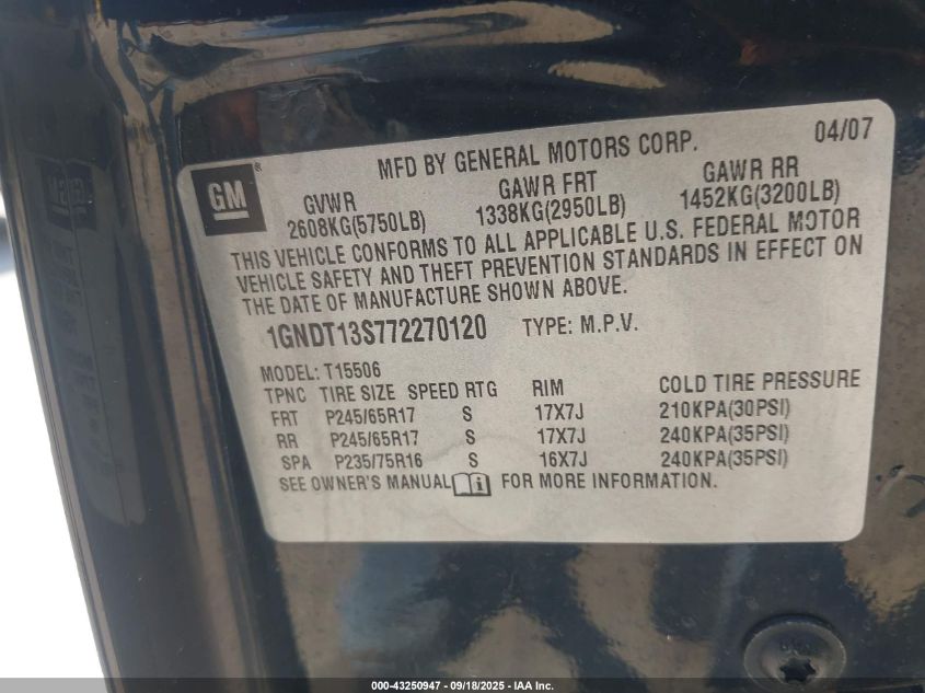 2007 Chevrolet Trailblazer Ls VIN: 1GNDT13S772270120 Lot: 43250947