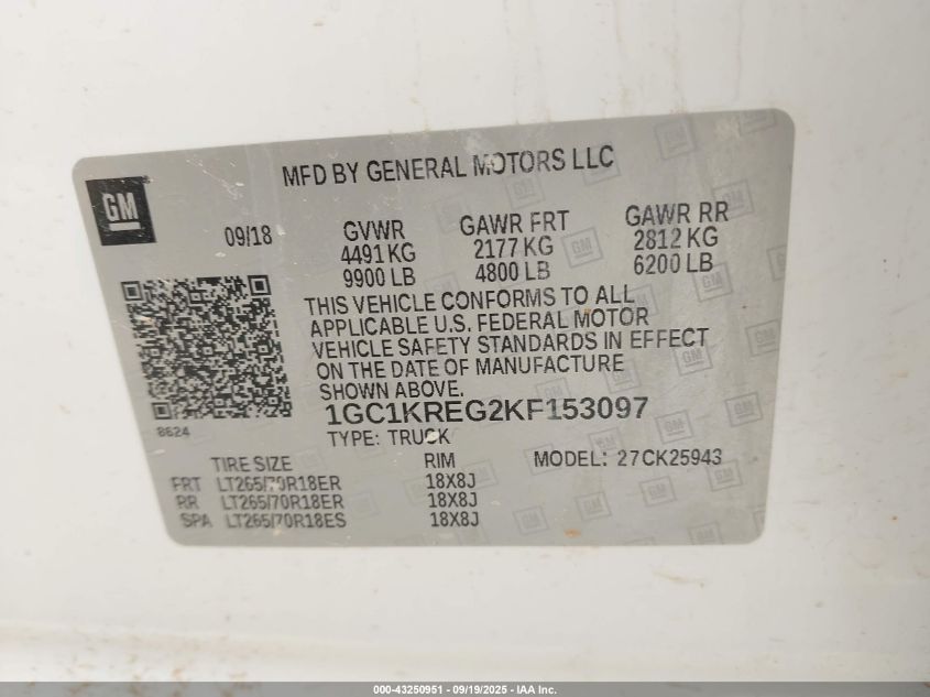 2019 Chevrolet Silverado 2500Hd Wt VIN: 1GC1KREG2KF153097 Lot: 43250951