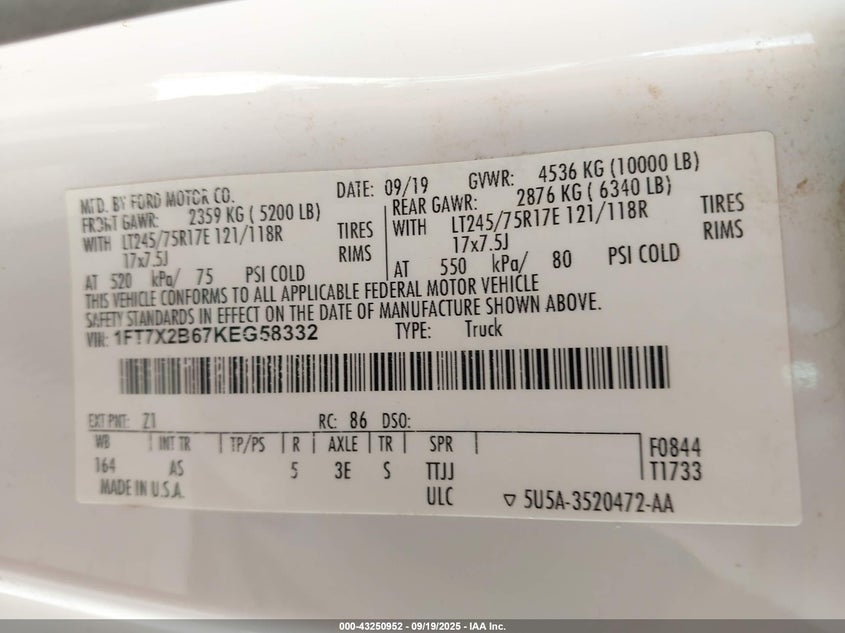 2019 FORD F-250 XL - 1FT7X2B67KEG58332