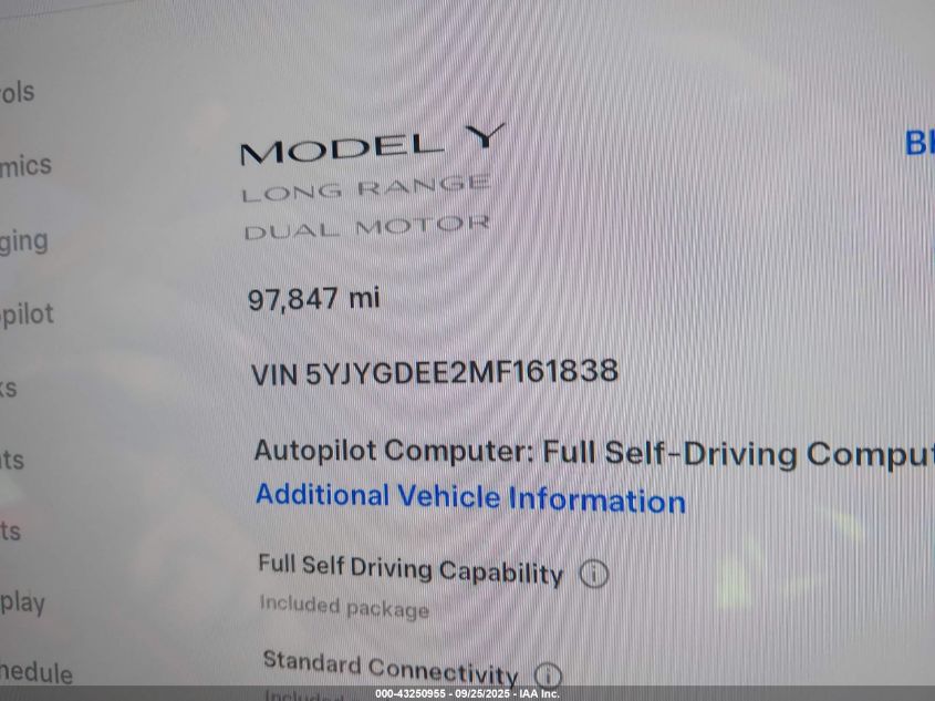 2021 Tesla Model Y Long Range Dual Motor All-Wheel Drive VIN: 5YJYGDEE2MF161838 Lot: 43250955