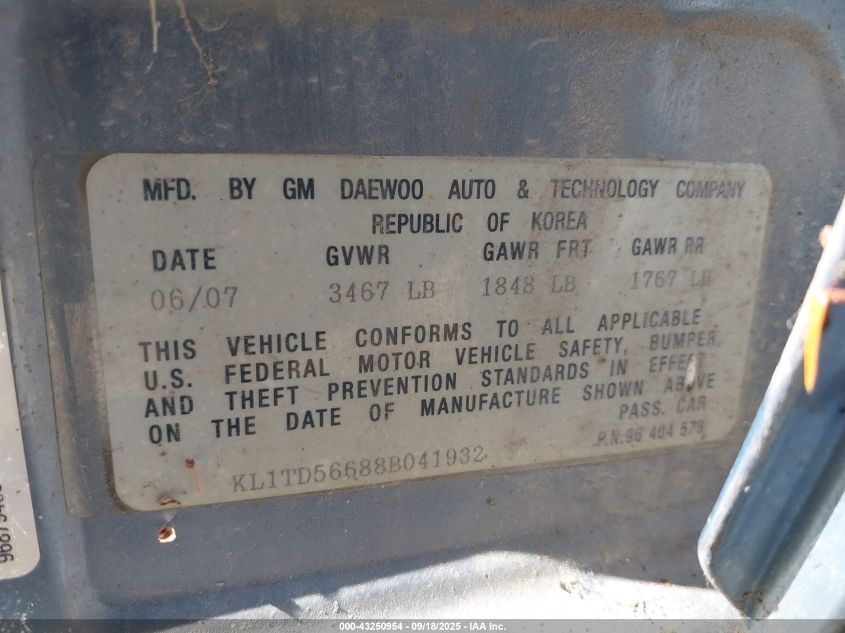 2008 Chevrolet Aveo Ls VIN: KL1TD56688B041932 Lot: 43250954