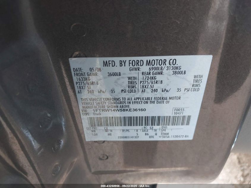 2008 Ford F-150 VIN: 1FTRW14W58KE36160 Lot: 43250956