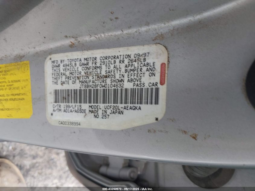 1998 Lexus Ls 400 VIN: JT8BH28F0W0104632 Lot: 43250970