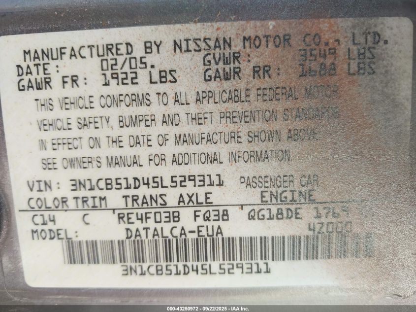 2005 Nissan Sentra 1.8 VIN: 3N1CB51D45L529311 Lot: 43250972