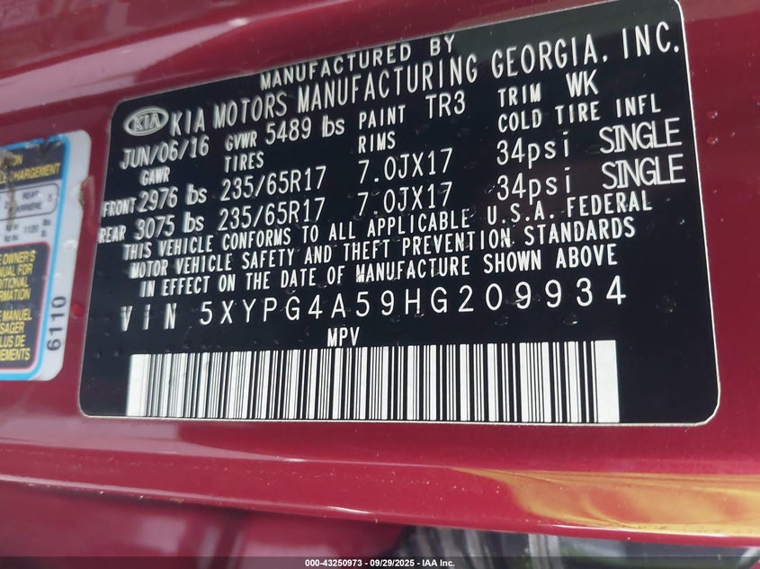 2017 Kia Sorento 3.3L Lx VIN: 5XYPG4A59HG209934 Lot: 43250973