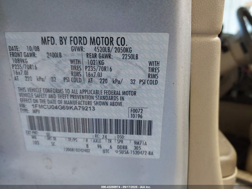 2009 Ford Escape Limited VIN: 1FMCU04G69KA79213 Lot: 43250974