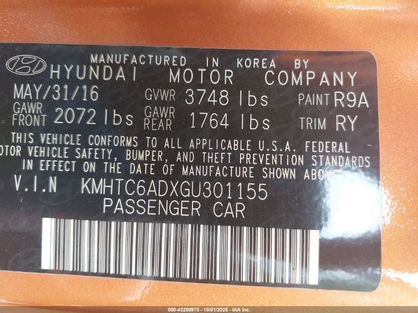 2016 Hyundai Veloster VIN: KMHTC6ADXGU301155 Lot: 43250975
