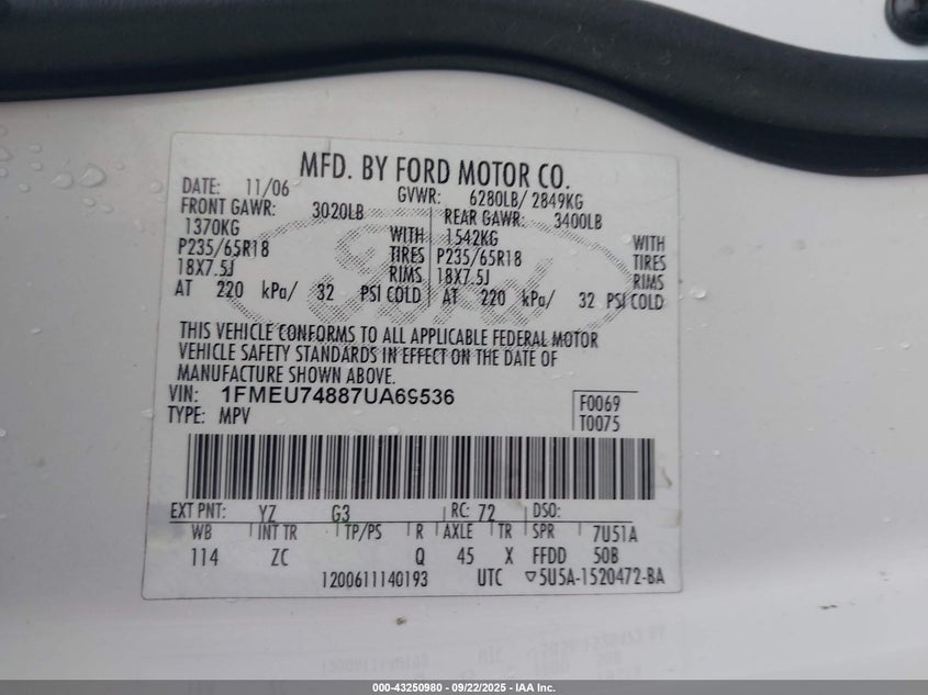 2007 Ford Explorer Eddie Bauer VIN: 1FMEU74887UA69536 Lot: 43250980