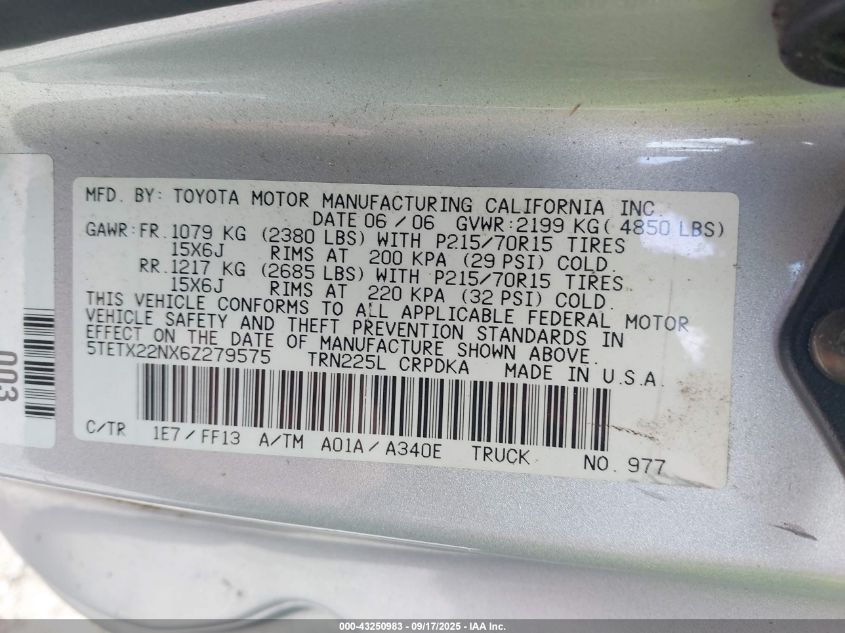 2006 Toyota Tacoma VIN: 5TETX22NX6Z279575 Lot: 43250983