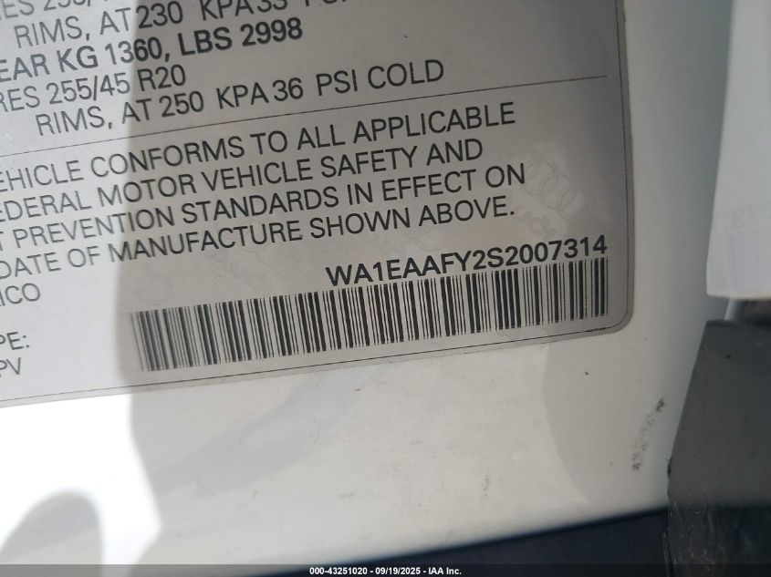 2025 Audi Q5 Premium Plus 45 VIN: WA1EAAFY2S2007314 Lot: 43251020