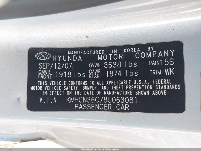 2008 Hyundai Accent VIN: KMHCN36P38U063081 Lot: 43251033