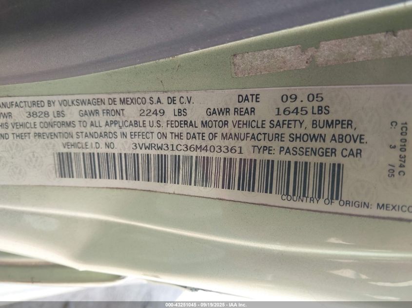 2006 Volkswagen New Beetle 2.5 VIN: 3VWRW31C36M403361 Lot: 43251045