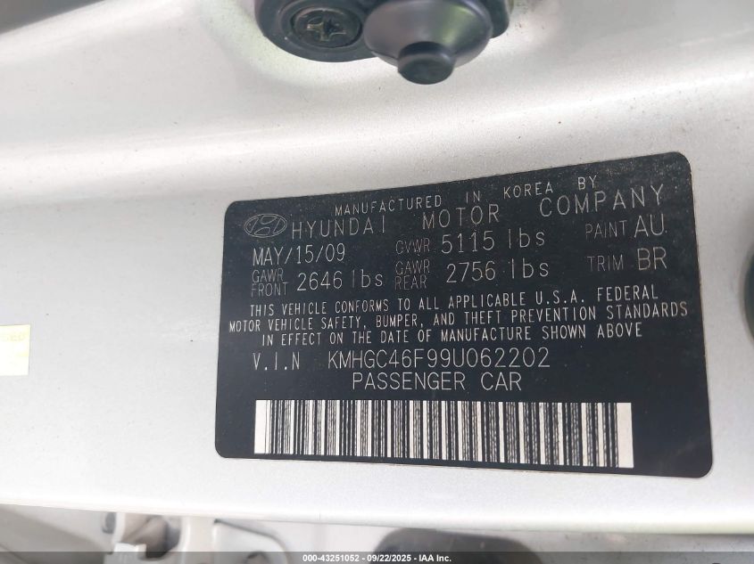 2009 Hyundai Genesis 4.6 VIN: KMHGC46F99U062202 Lot: 43251052