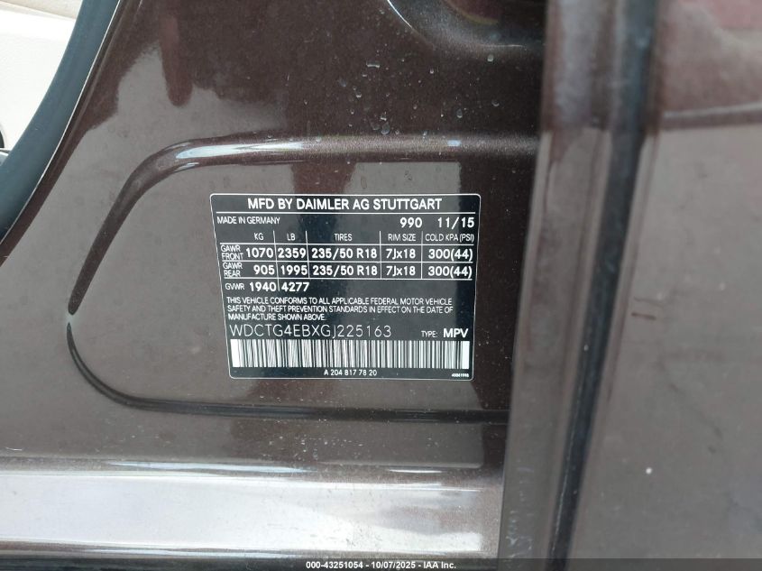 2016 Mercedes-Benz Gla 250 VIN: WDCTG4EBXGJ225163 Lot: 43251054