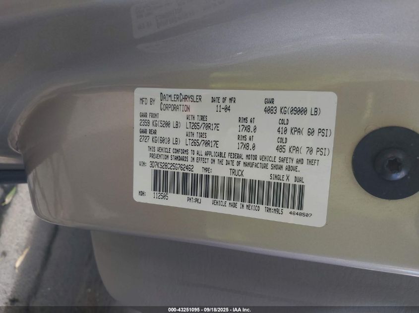 2005 Dodge Ram 2500 Slt/Laramie VIN: 3D7KS28C25G762462 Lot: 43251095