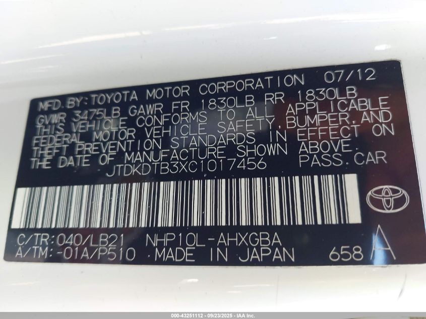 2012 Toyota Prius C Four VIN: JTDKDTB3XC1017456 Lot: 43251112