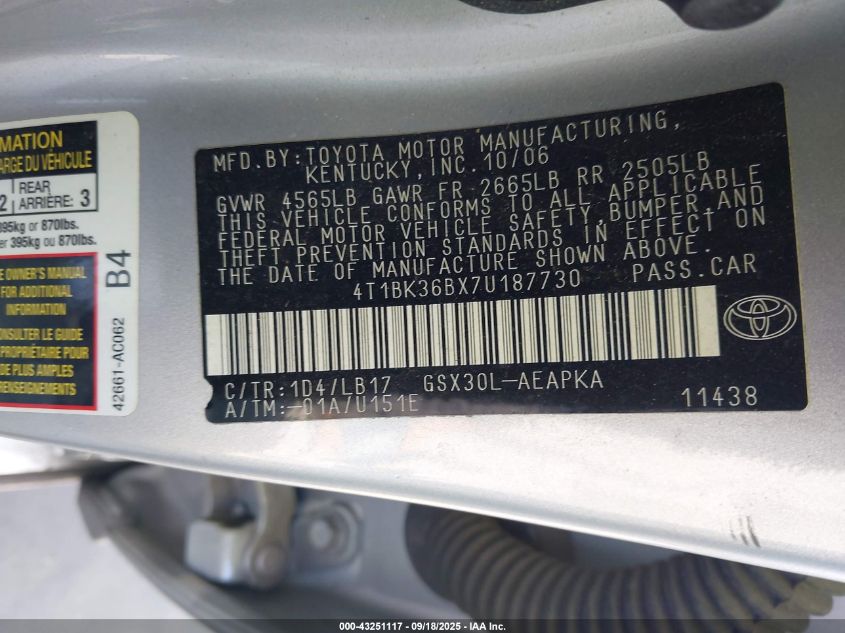 2007 Toyota Avalon Limited VIN: 4T1BK36BX7U187730 Lot: 43251117
