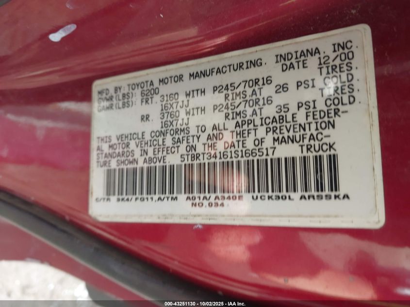 2001 Toyota Tundra Sr5 V8 VIN: 5TBRT34161S166517 Lot: 43251130
