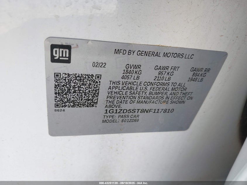 2022 Chevrolet Malibu Fwd Lt VIN: 1G1ZD5ST8NF117810 Lot: 43251139