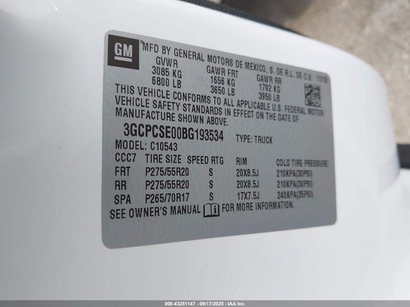2011 Chevrolet Silverado 1500 Lt VIN: 3GCPCSE00BG193534 Lot: 43251147