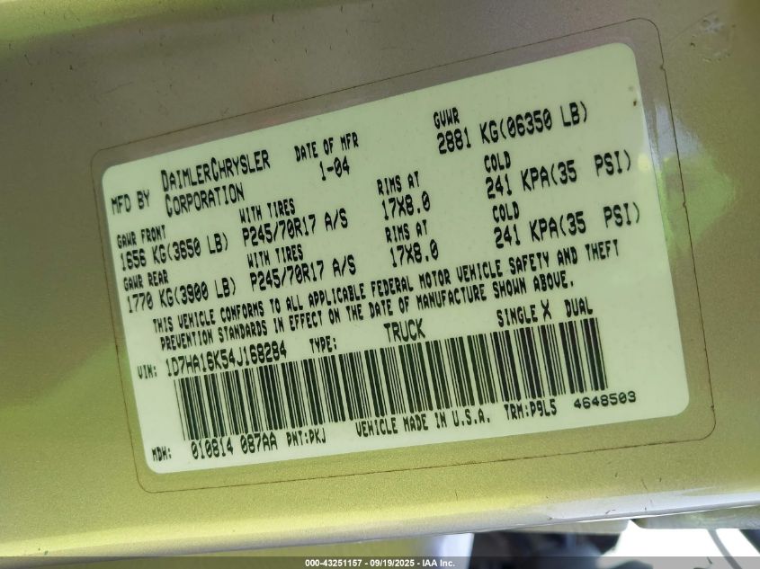 2004 Dodge Ram 1500 St VIN: 1D7HA16K54J168284 Lot: 43251157