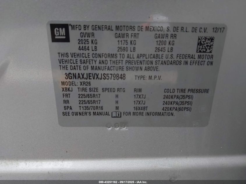2018 Chevrolet Equinox Lt VIN: 3GNAXJEVXJS579848 Lot: 43251162