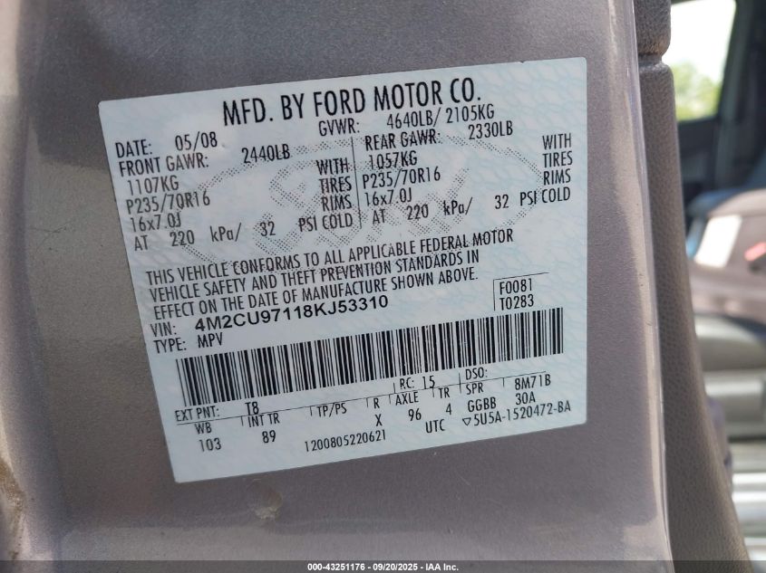 2008 Mercury Mariner Premier VIN: 4M2CU97118KJ53310 Lot: 43251176