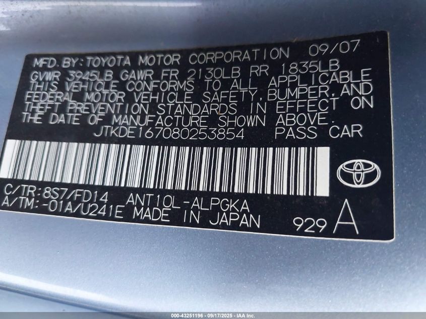 2008 Scion Tc VIN: JTKDE167080253854 Lot: 43251196