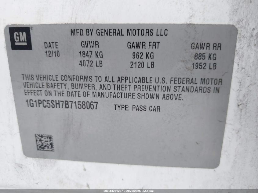 2011 Chevrolet Cruze Ls VIN: 1G1PC5SH7B7158067 Lot: 43251207