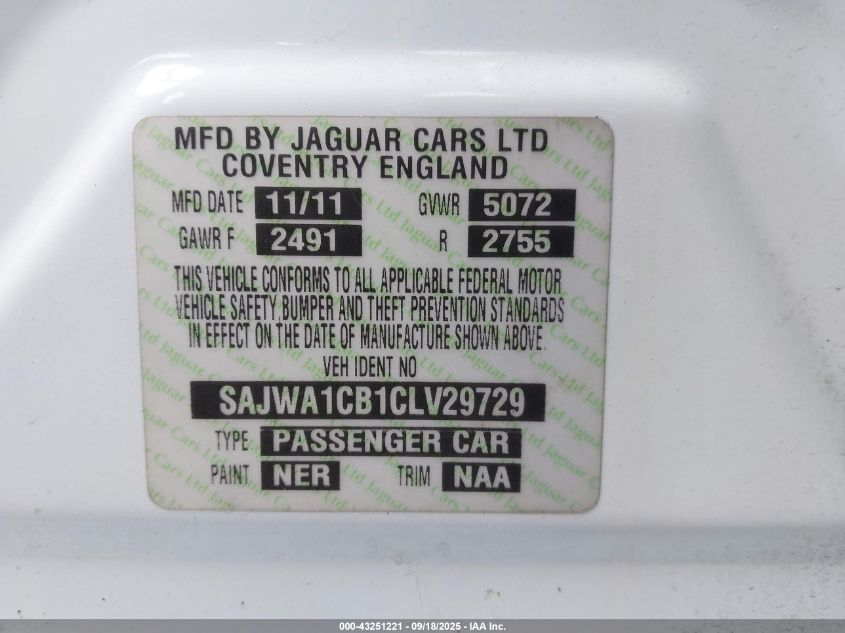 2012 Jaguar Xj VIN: SAJWA1CB1CLV29729 Lot: 43251221