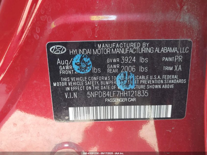 2017 Hyundai Elantra Se VIN: 5NPD84LF7HH121835 Lot: 43251238