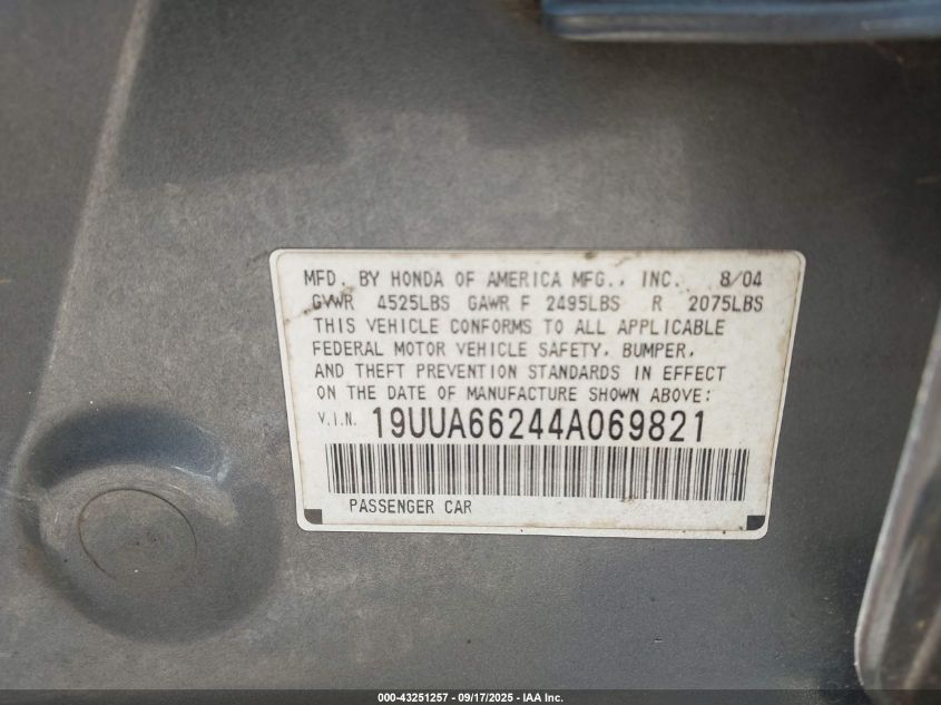 2004 Acura Tl VIN: 19UUA66244A069821 Lot: 43251257