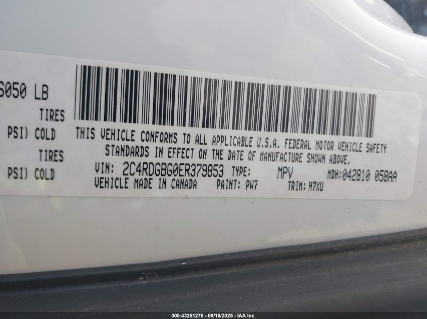 2014 Dodge Grand Caravan Se VIN: 2C4RDGBG0ER379853 Lot: 43251278