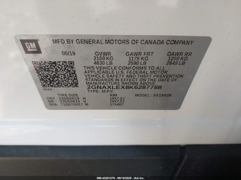 2019 Chevrolet Equinox Lt VIN: 2GNAXLEX8K6287788 Lot: 43251279