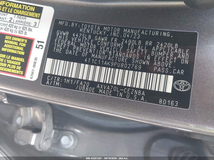 4T1C11AK9PU802769 2023 TOYOTA CAMRY photo no. 9
