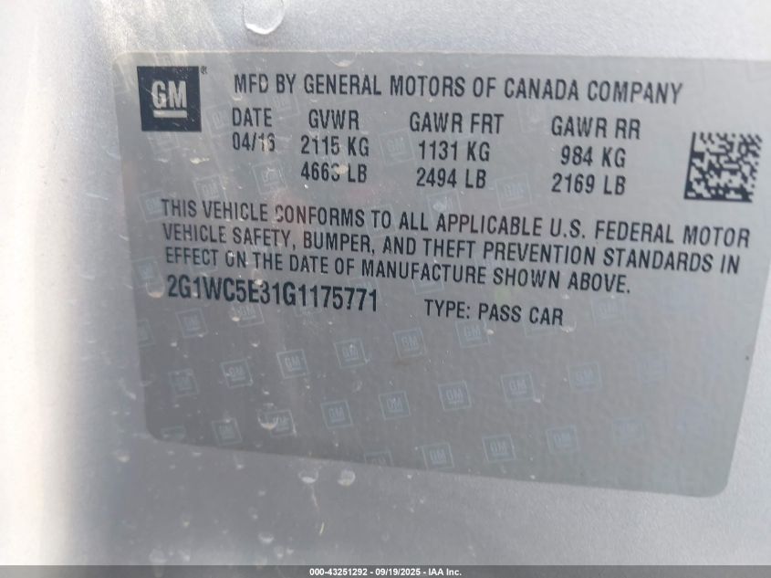 2016 Chevrolet Impala Limited Ltz VIN: 2G1WC5E31G1175771 Lot: 43251292