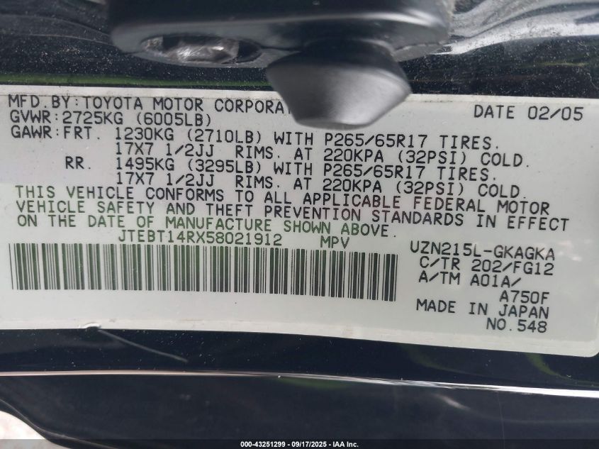 2005 Toyota 4Runner Sr5 V8 VIN: JTEBT14RX58021912 Lot: 43251299