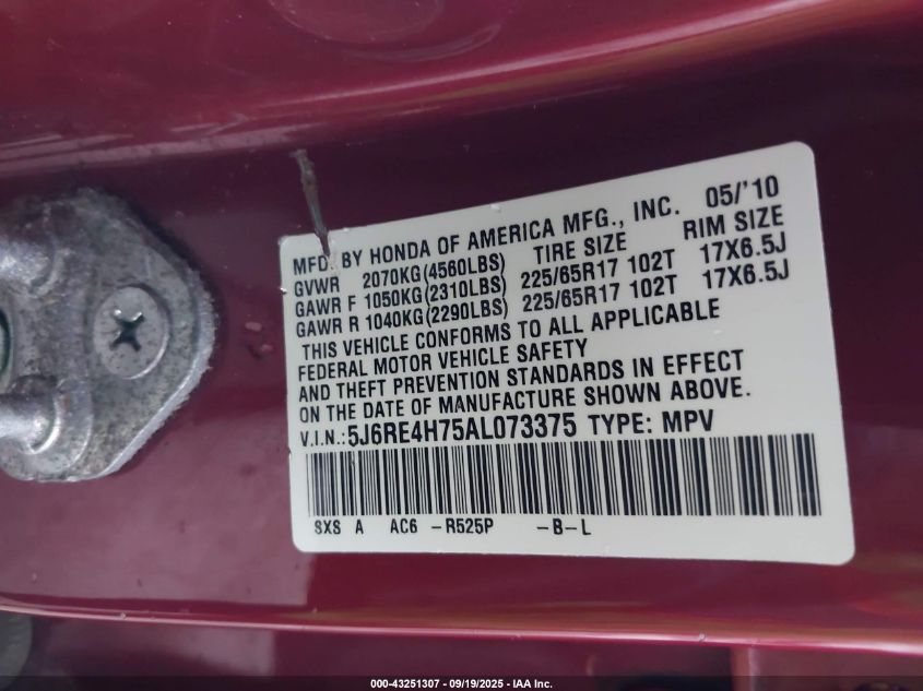 2010 Honda Cr-V Ex-L VIN: 5J6RE4H75AL073375 Lot: 43251307