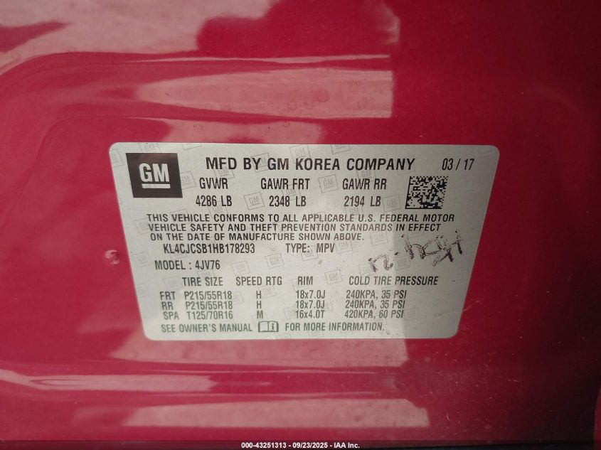 2017 Buick Encore Essence VIN: KL4CJCSB1HB178293 Lot: 43251313