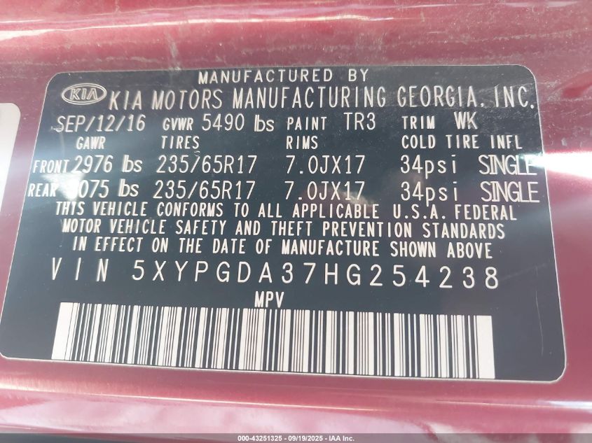 2017 Kia Sorento 2.4L Lx VIN: 5XYPGDA37HG254238 Lot: 43251325