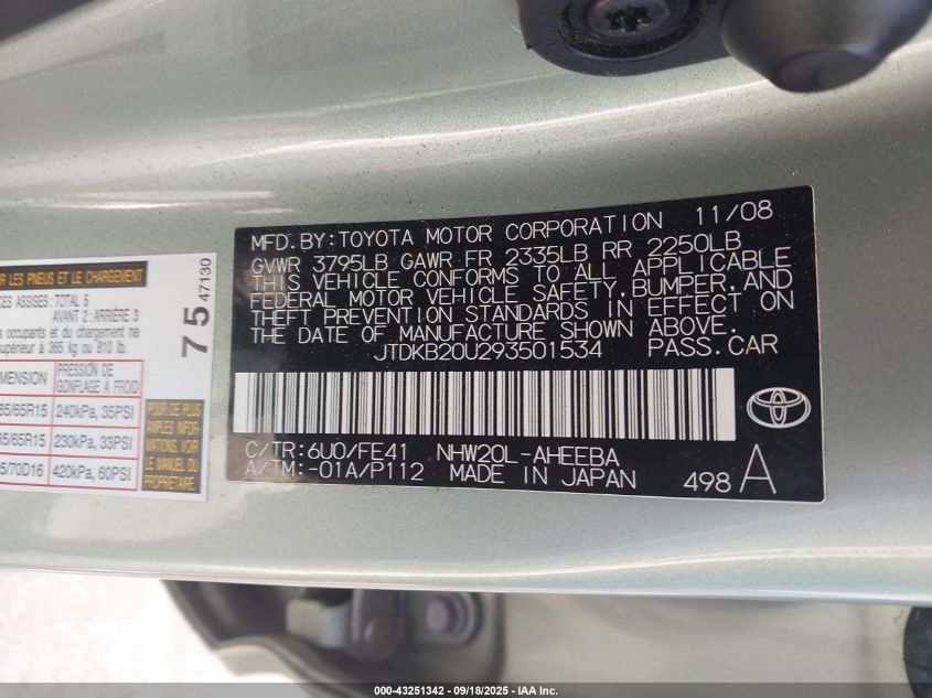 2009 Toyota Prius VIN: JTDKB20U293501534 Lot: 43251342