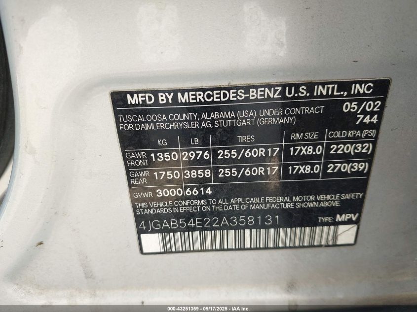 2002 Mercedes-Benz Ml 320 VIN: 4JGAB54E22A358131 Lot: 43251359