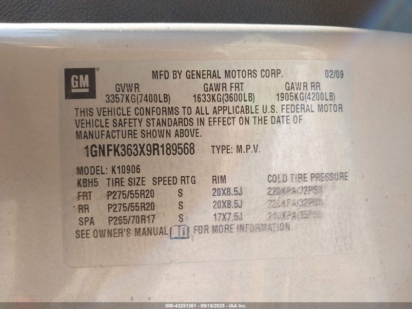 2009 Chevrolet Suburban 1500 Ltz VIN: 1GNFK363X9R189568 Lot: 43251361