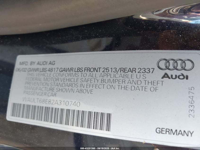 WAULT68E82A310740 2002 AUDI A4 photo no. 9
