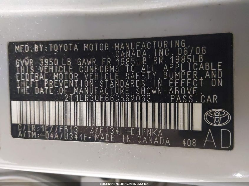 2006 Toyota Matrix Xr VIN: 2T1LR30E66C562063 Lot: 43251376