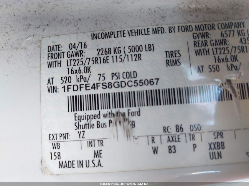 2016 Ford E-450 Cutaway VIN: 1FDFE4FS8GDC55067 Lot: 43251384