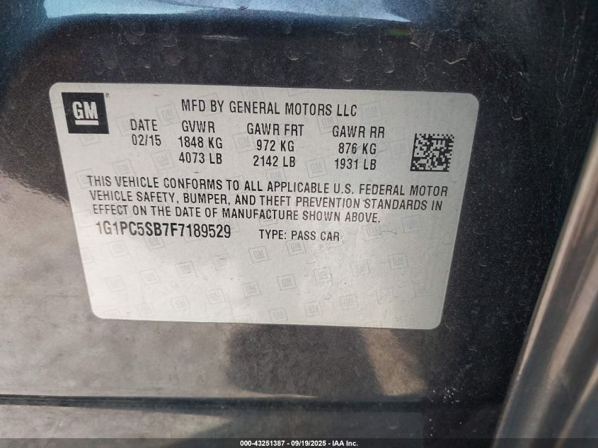 2015 Chevrolet Cruze 1Lt Auto VIN: 1G1PC5SB7F7189529 Lot: 43251387