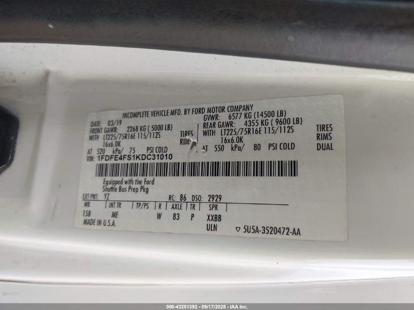 2019 Ford E-450 Cutaway VIN: 1FDFE4FS1KDC31010 Lot: 43251392